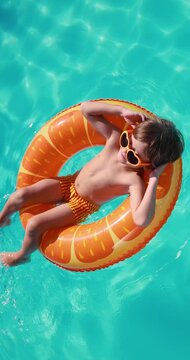 A happy child is having fun on the summer vacation. A kid is swimming in the pool. Vertical video. Slow motion