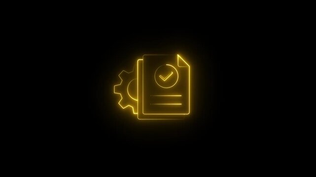 neon document approval settings line icon animation isolated on a black background. Futuristic verified file with a checkmark and gear symbolizing document management, approval workflow,