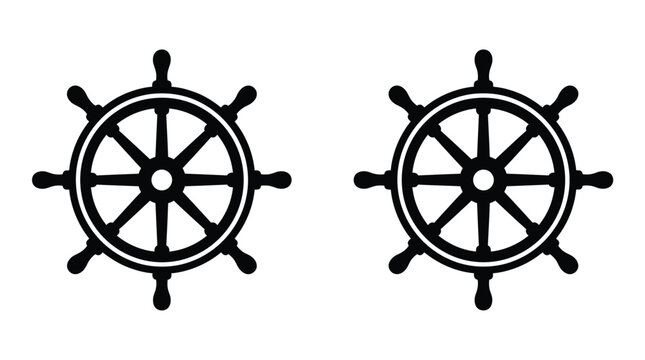 Two identical black ship steering wheels depicted as simple flat vector icons on white paper