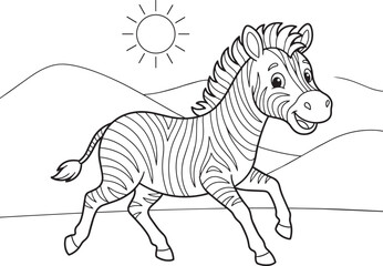 Obraz premium Happy zebra coloring page in a natural landscape. Black and white vector illustration for children's coloring books, educational worksheets, and printable learning activities.