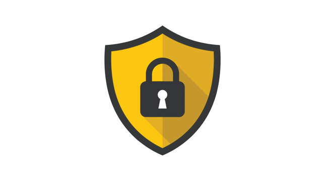 A bright yellow shield icon featuring a simple black padlock symbol with long flat shadows
