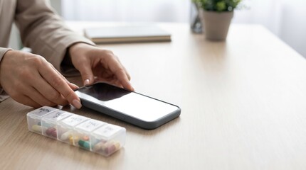 Fototapeta premium Hands tap phone beside pill organizer on wooden desk