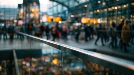 Obraz premium blurred view of a busy train station platform with a glass railing in the foreground