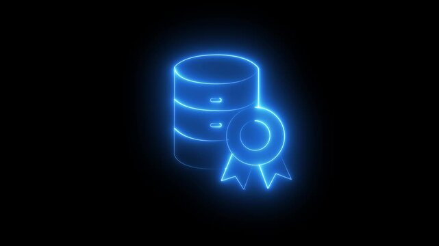 neon certified database line icon animation isolated on a black background. Futuristic data storage server with certification ribbon symbolizing verified databases, secure storage, data integrity,