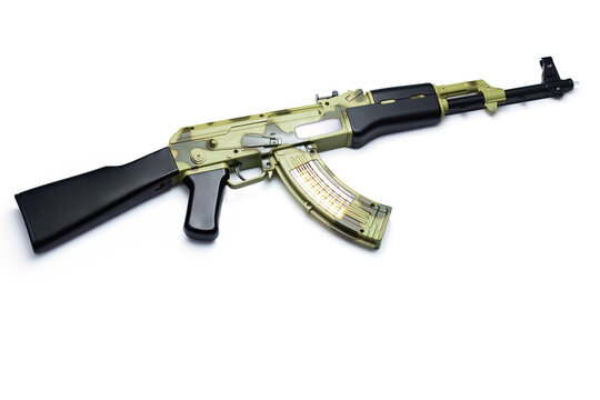 Toy AK-47 assault rifle with camouflage pattern isolated on white background