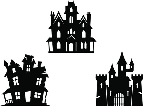 Spooky halloween haunted houses silhouettes 3 different designs for decorations