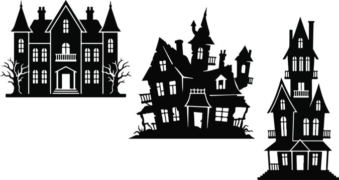 Spooky halloween haunted houses 3 different silhouette designs for festive decor