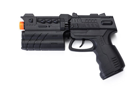 Black futuristic toy laser blaster pistol isolated on white background
