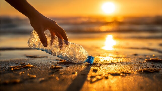 Hand reaching to collect discarded plastic water bottle from wet sandy beach at sunset with ocean waves golden sunlight, highlighting cleanup, recycling, pollution awareness environmental protection