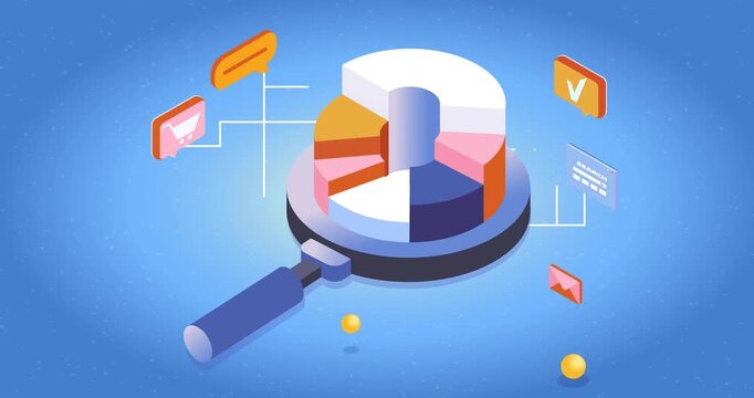 Isometric animation of a data analysis concept featuring charts, dashboard, reports, statistics and business intelligence elements. On-screen text: Data Analysis and Read More 