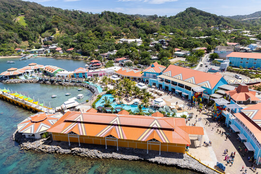Port Honduras is a cruise ship port featuring shops, restaurants, excursions, and pool for tourists to enjoy. Aerial view.