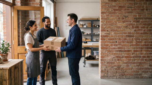 Small business owners hand a parcel to a customer