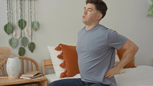 Man sitting on bed holding lower back with hand, wincing beside rattan nightstand, books and macrame wall hanging in bedroom inside a building; discomfort.