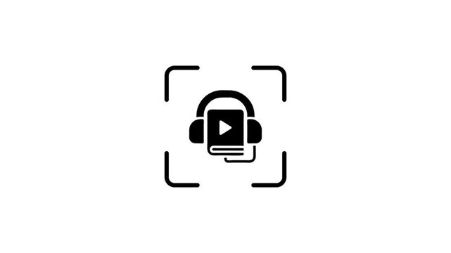 Digital audiobook scanning animation with headphones and book icon showing tech progress in minimalist white space.