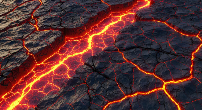 Dramatic aerial view of volcanic fissure with glowing lava cracks and cracked earth texture