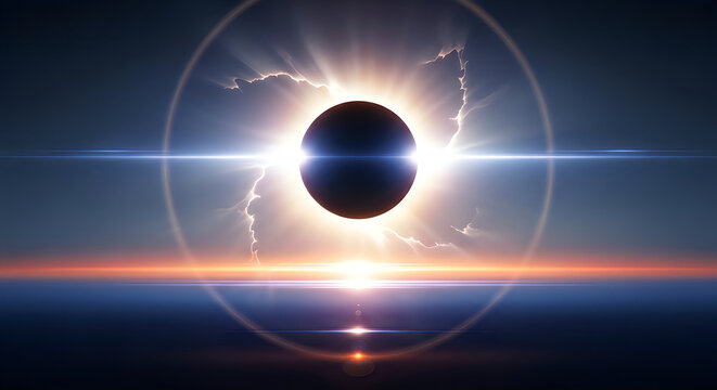 Dramatic solar eclipse over ocean a stunning celestial event with radiant corona and atmospheric effects