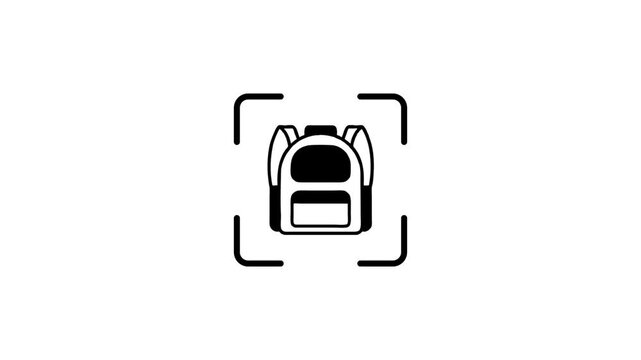 A motion graphic of a backpack icon, with a green scanning light passing over it from top to bottom and bottom to top, on a plain white background.
