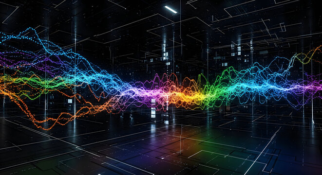 Vibrant data stream visualization in a cybernetic network illustrating complex information flow