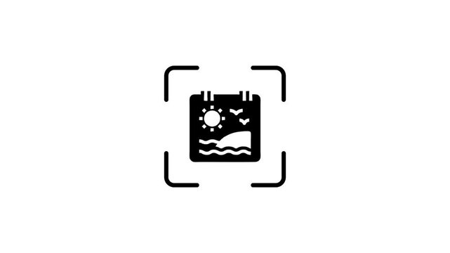 Animation of photo scanning process with green laser light moving over digital landscape image icon.