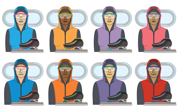 diversity, race, ethnicity of long-track speed skating skater vector icons, male and female, wearing spandex skin suit including skates, track diagram, isolated on a white background