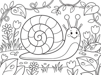 Cute snail coloring page with a spiral shell and smiling face. Black and white vector illustration ideal for children's coloring books, educational worksheets, and printable activities. © Morad