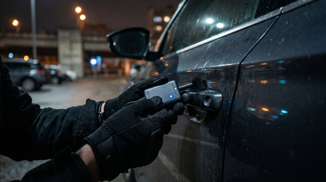 Thief using electronic device to unlock car door at night. Criminal breaking into vehicle with wireless signal relay transmitter. Concept of auto theft, security breach and crime.
