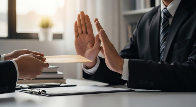 Businessman refusing a bribe in a professional office setting with a formal suit and paperwork on the wooden desk table