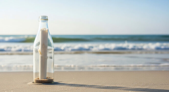 Message in bottle standing on sandy tropical beach with ocean waves and clear sky in a soft natural daylight setting