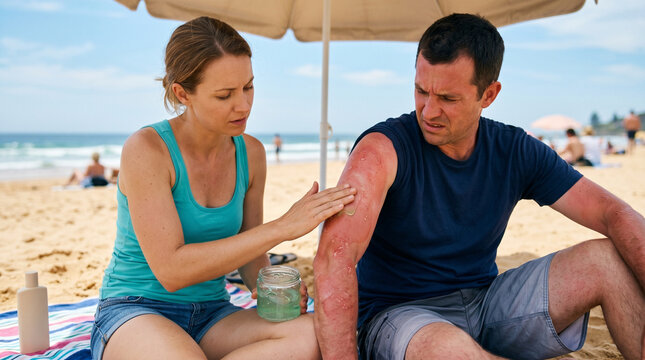 Woman applying aloe vera gel to man with severe sunburn on arm at beach. Pain relief treatment for skin damaged by ultraviolet rays. Healthcare and summer safety precaution concept.