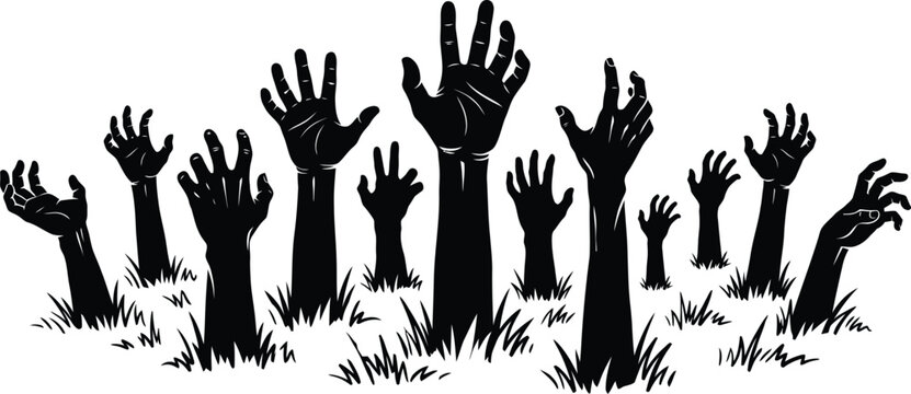 Black silhouette of scary zombie arms reaching out of grass, horror cemetery scene elements for Halloween party poster