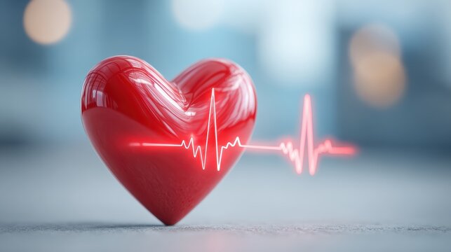 Glossy red 3d heart on cool blue bokeh background