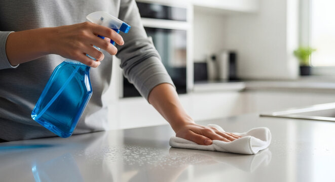 Person cleaning kitchen counter with blue spray bottle and white microfiber cloth in a bright modern home interior setting