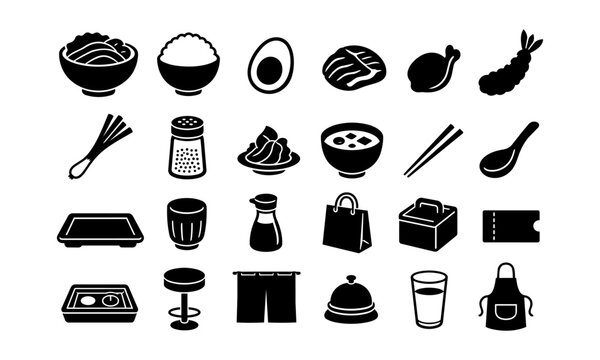 Japanese donburi diner silhouette icon set