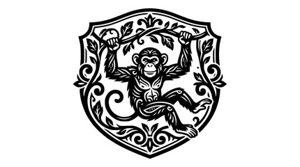 Monkey emblem inside ornate floral shield.