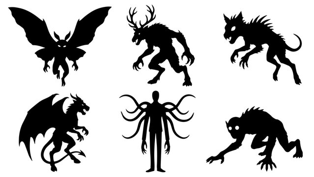 Mythical Cryptid Monster Halloween Silhouette Set on transparent background