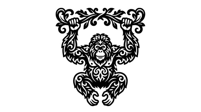 Symmetrical tribal monkey with floral accents.