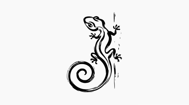 Minimalist stylized gecko lizard climbing black and white.