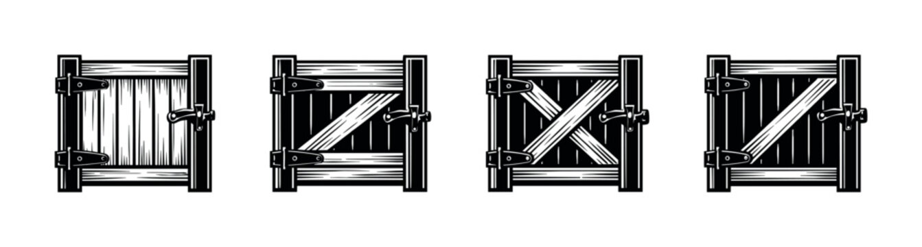 Collection of four rustic wooden gate designs with hinges and latches