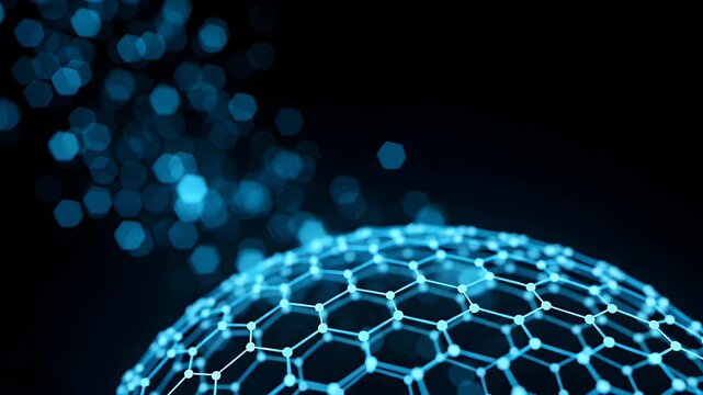 Glowing digital sphere constructed of interconnected hexagonal nodes representing complex network connectivity and modern data science structures set against a deep and dark blurred background