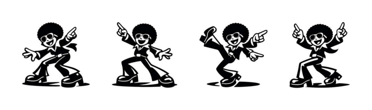 Retro disco dancer with afro and sunglasses in various dynamic poses