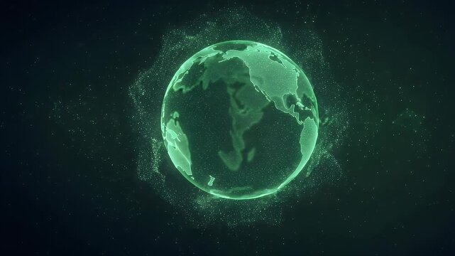 Glowing digital earth model featuring a detailed holographic sphere design with swirling particles and connectivity lines representing modern global communication in a dark virtual environment