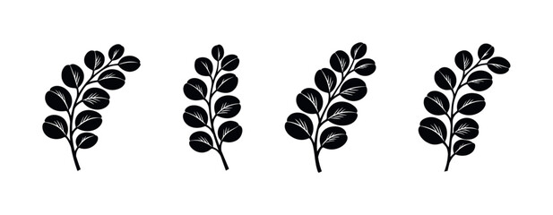 Minimalist black eucalyptus branches with delicate white veining on a white background © UnIcons