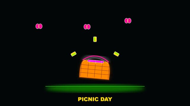 A flat minimalist animation showcasing golden week celebrations through sustainable commuting methods with moving baskets jumping up and down against a deep black void background environment