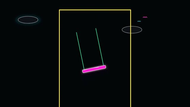 neon playground swings oscillate through golden week light arcs while representing sustainable commuting patterns within a digital environment of glowing lines and vibrant purple hues