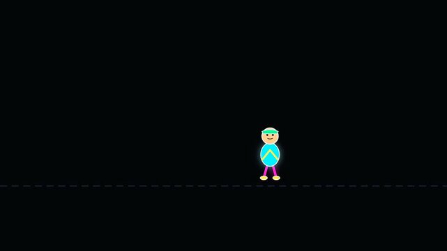 Minimalist cartoon figures walk across a dark landscape during golden week showcasing sustainable commuting in a simple artistic style with a neon aesthetic and vibrant colors