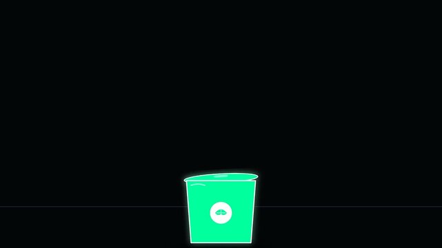 Minimalist graphic animation of a small container falling into a recycling bin during golden week promoting sustainable commuting habits through simple digital art motion design elements