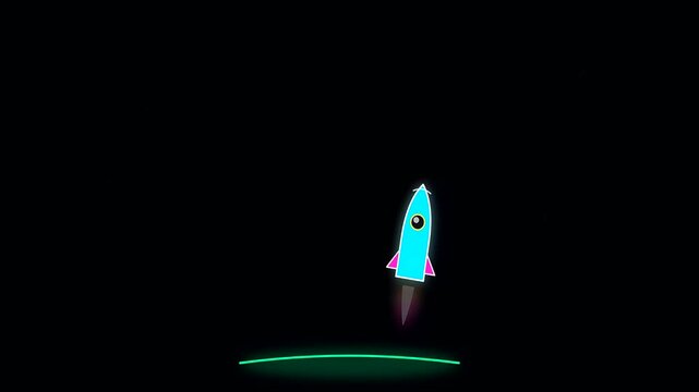 Animated cartoon rocket launch sequence showcasing sustainable commuting ideas for golden week travel through a simple neon glowing style graphic with blue spaceship motion on black