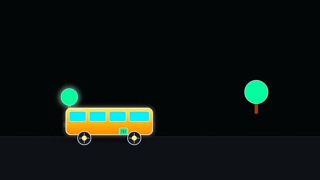 Minimalist yellow buses moving along a dark road during golden week travel representing sustainable commuting through simple vector animation sequences in a quiet night time setting