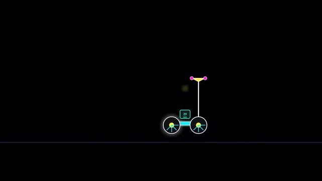 Minimalist electric scooter icon animation moving across a black field during golden week showcasing sustainable commuting options for urban travelers navigating through city streets in modern style