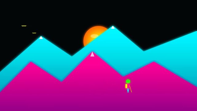 Minimalist geometric mountain illustration featuring a stylized traveler during golden week as they enjoy sustainable commuting through vibrant pink and bright cyan alpine terrain landscapes today